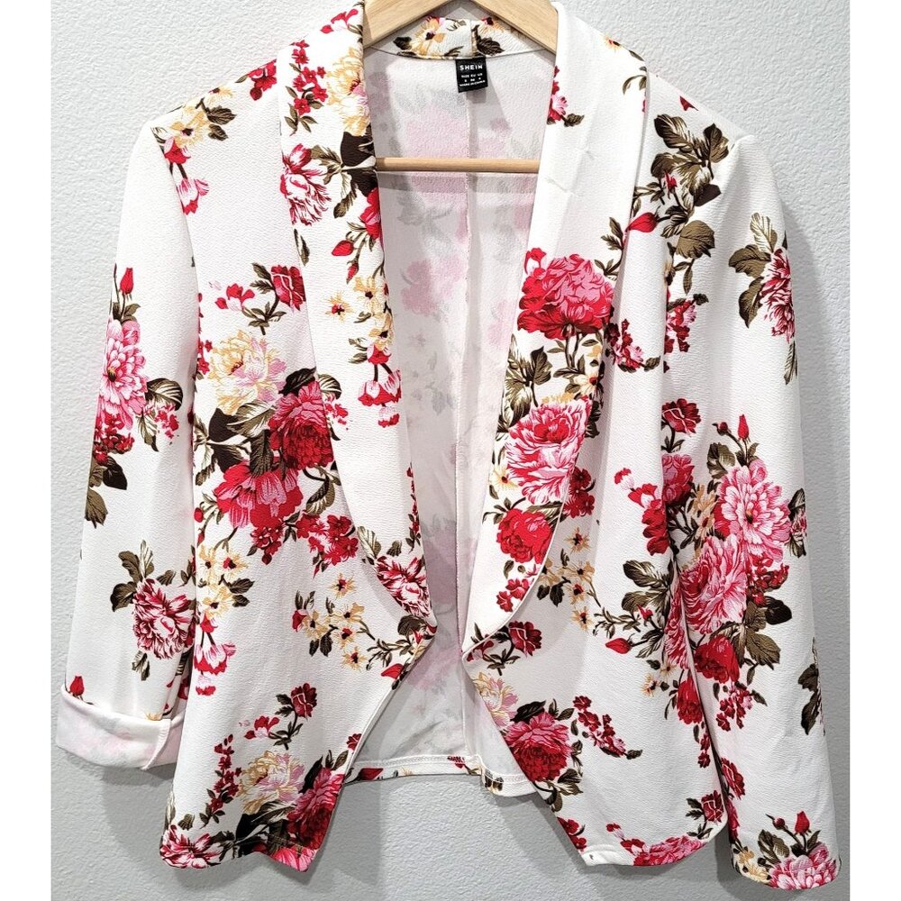 Shein Dark Pink Floral on White Open-Front Softshell Blazer Jacket Size S